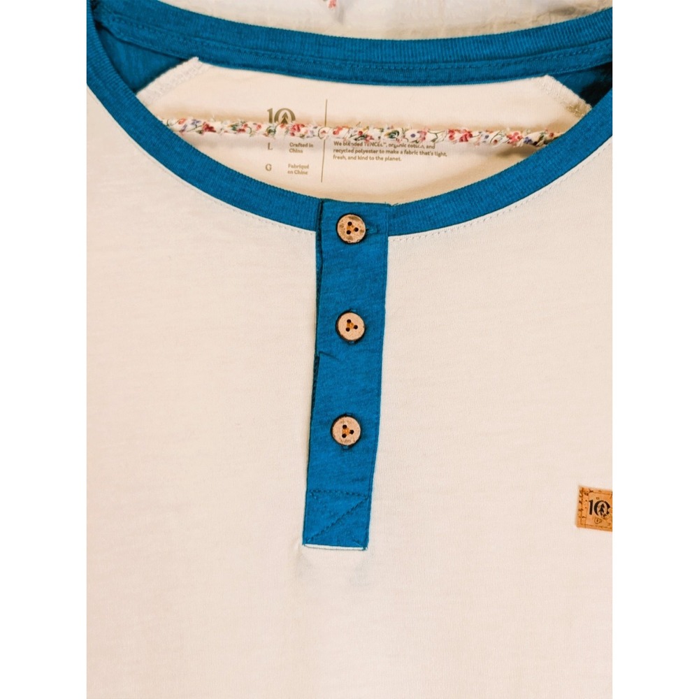 TreeBlend Classic Henley 3/4 Sleeves Teal & Ivory L Ethical Manufacturing - Picture 5 of 9